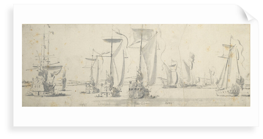 Visit of Charles II to the 'Tiger' at Woolwich: The yachts rounding a bend in the river by Willem van de Velde the Elder