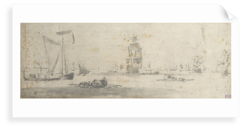 A galliot in light airs and several barges by Willem van de Velde the Elder