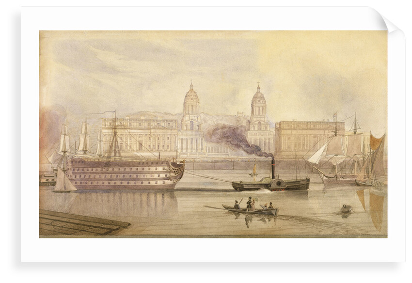 The Dreadnought being towed up the Thames at Greenwich by a paddle tug by A. Grieve
