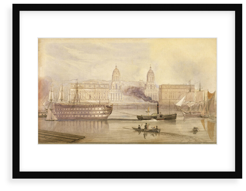 The Dreadnought being towed up the Thames at Greenwich by a paddle tug by A. Grieve