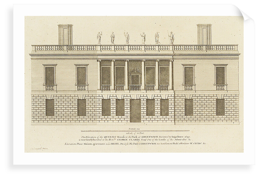 The Elevation of the Queens House to the Park at Greenwich Invented by Inigo Jones 1639 by Colen Campbell