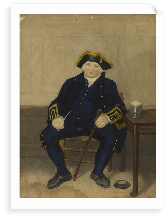 Portrait of Greenwich Pensioner, seated with clay pipe and tankard by Henry Dawe