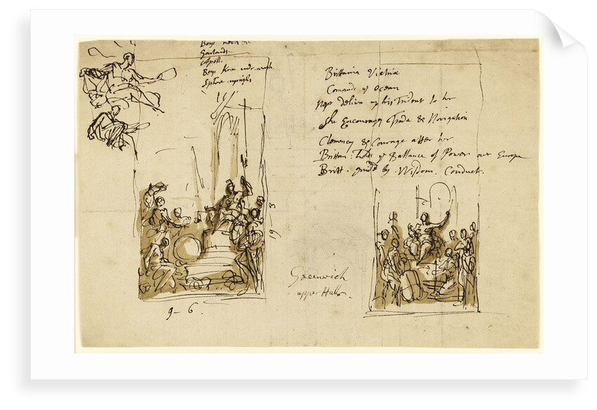 Designs for the east side of the upper hall of the Painted Hall, Greenwich: south side of arch by James Thornhill