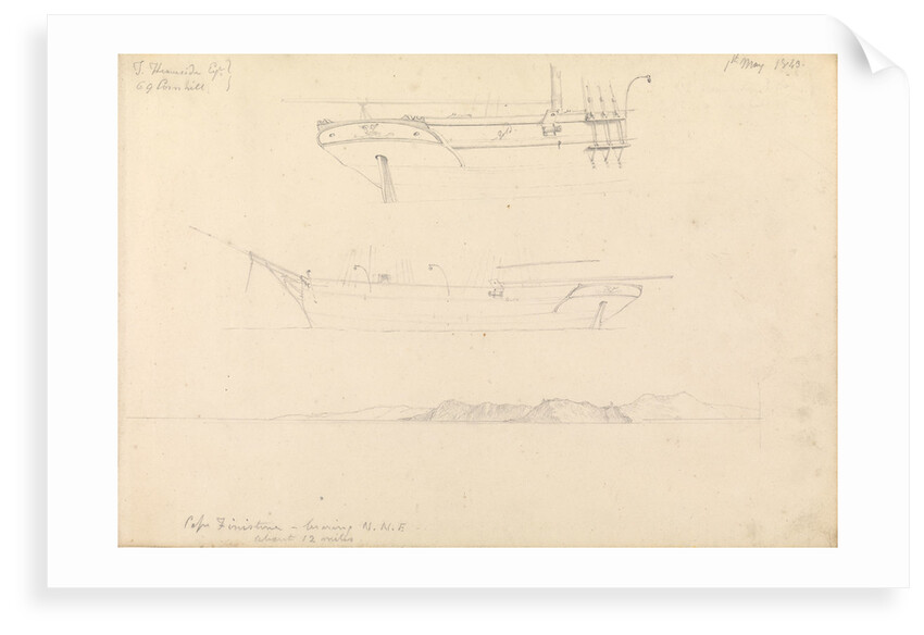 Sketches of profile and stern of a brigantine? and topographical sketch of Cape Finisterre...1843 by W. Maule