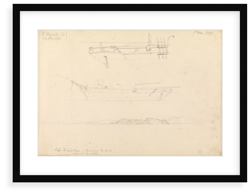 Sketches of profile and stern of a brigantine? and topographical sketch of Cape Finisterre...1843 by W. Maule