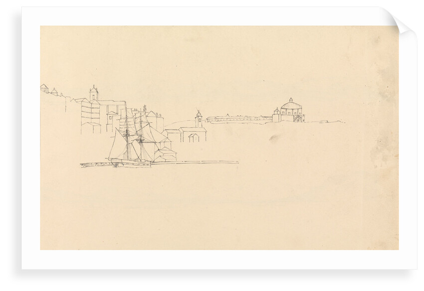 Sketch of two-masted sailing vessel off a Mediterranean port by John Christian Schetky