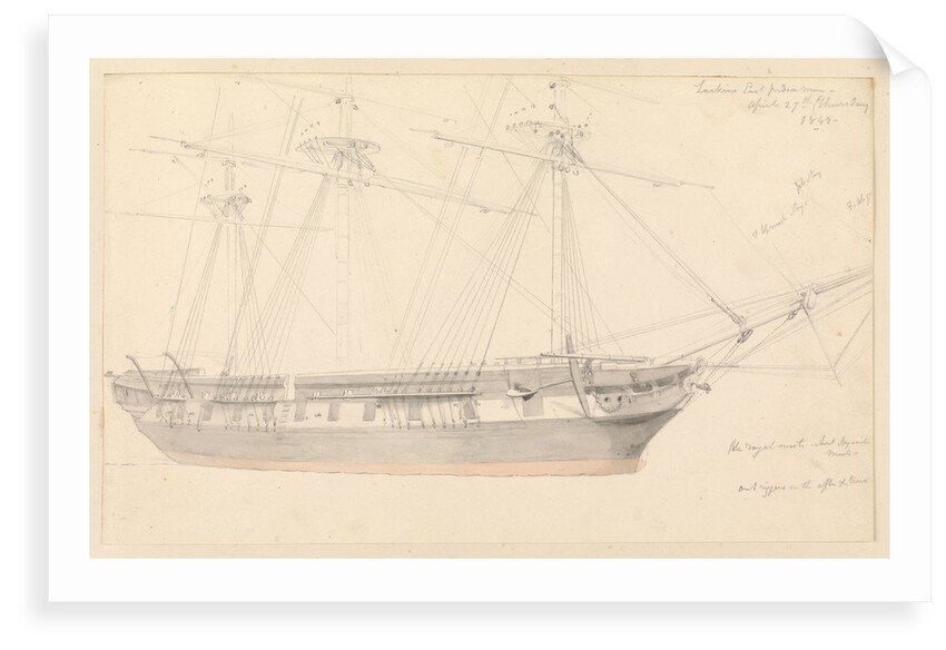 Annotated drawing of 'Larkin's East Indiaman, April 27th (Thursday) 1843' by John Christian Schetky