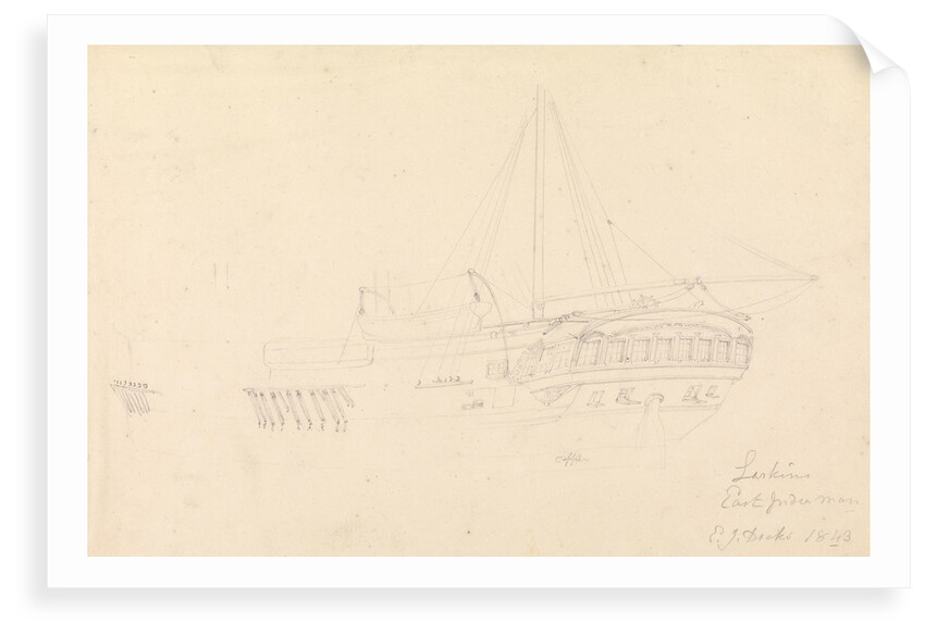 Drawing of the hull and stern of the 'Larkins', East Indiaman, 1843 by John Christian Schetky