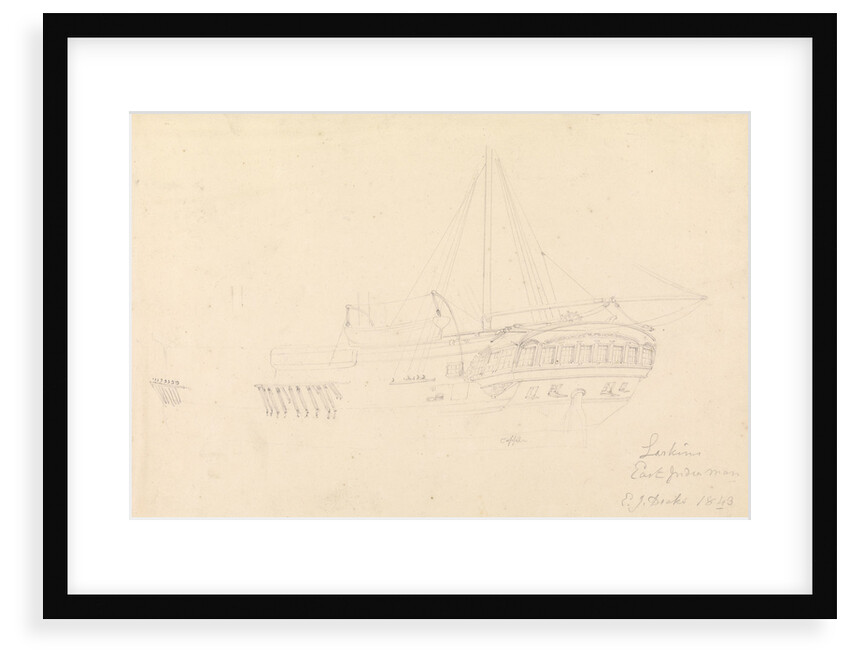 Drawing of the hull and stern of the 'Larkins', East Indiaman, 1843 by John Christian Schetky