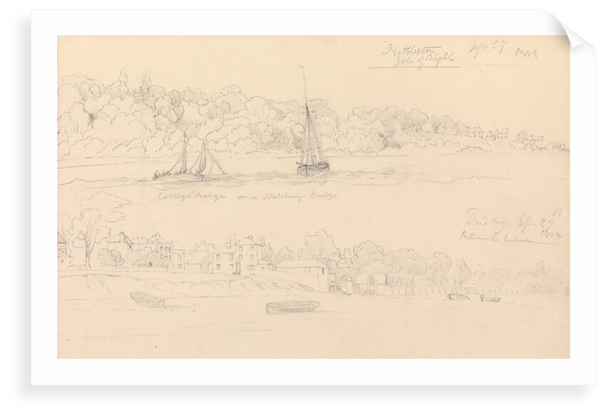 Drawing of barge 'College' on a sketching cruise Nettleston, Isle of Wight by John Christian Schetky