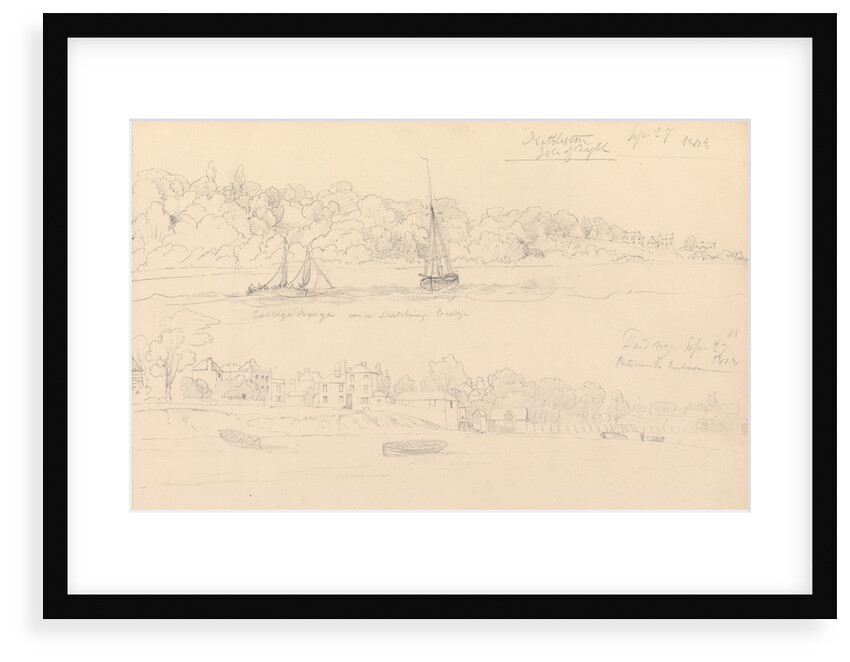 Drawing of barge 'College' on a sketching cruise Nettleston, Isle of Wight by John Christian Schetky
