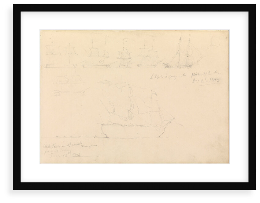 Page of slight sketches of fighting vessels, including 'L'Espoir' and 'Al-de-Fonso', 1813 and 1814 by John Christian Schetky