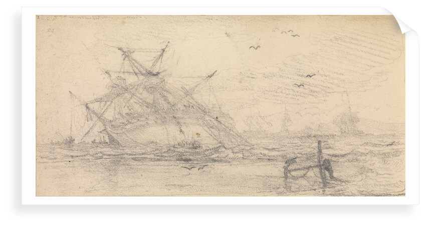 A two deck ship wrecked on a beach by John Christian Schetky