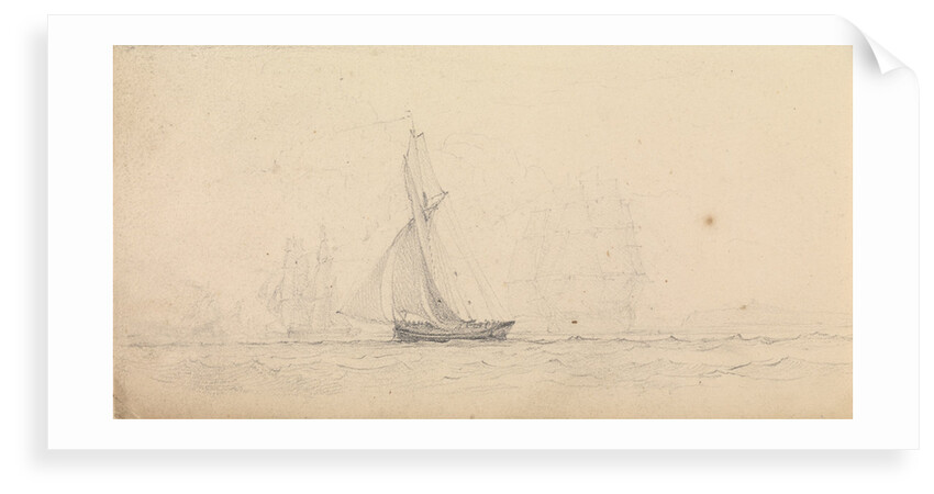 A cutter at sea with men of war and a headland in the distance by John Christian Schetky