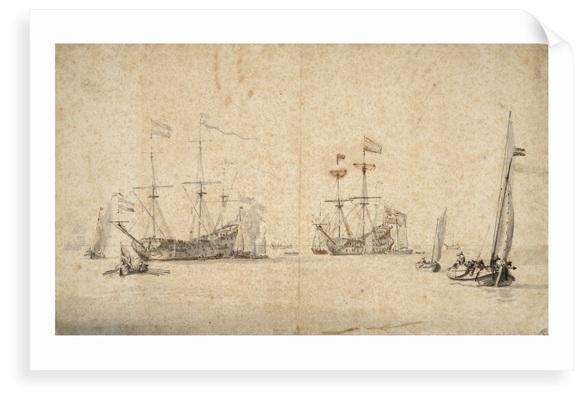 A kaag running free and two Dutch flagships at anchor by Willem Van de Velde the Younger