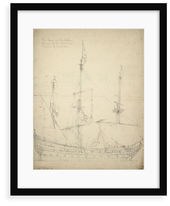 Portrait of the 'Beurs van Amsterdam'. Built in 1654 as an Indiaman. 52-guns. Taken into the States' service 1665. Returned to the Company 1666 by Willem Van de Velde the Younger
