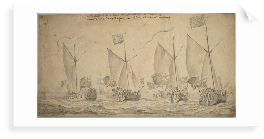 The marriage journey of William of Orange and Princess Mary to Holland, 1677. The yachts reaching the coast of Holland, 29 November - 9 December 1677. by Willem van de Velde the Elder