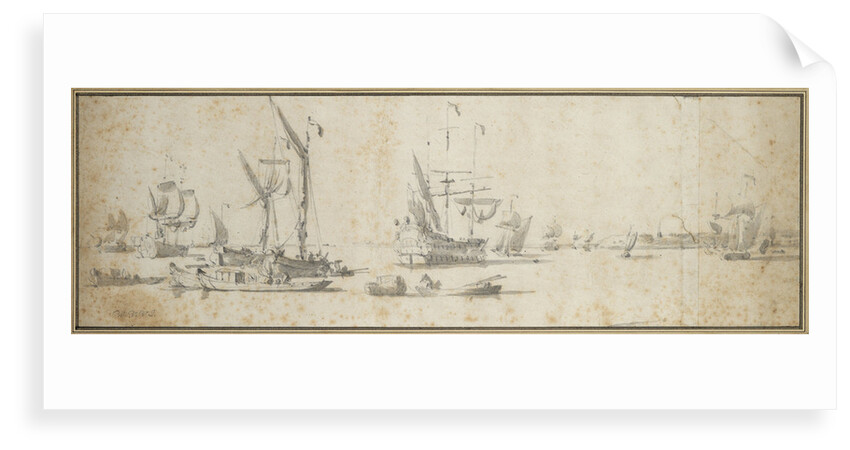 Two doggers and a ship at anchor in a harbor by Willem van de Velde the Elder