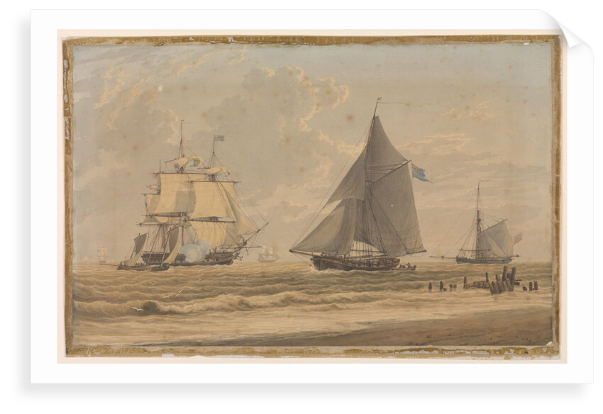Royal Navy sailing vessel by the shore by unknown
