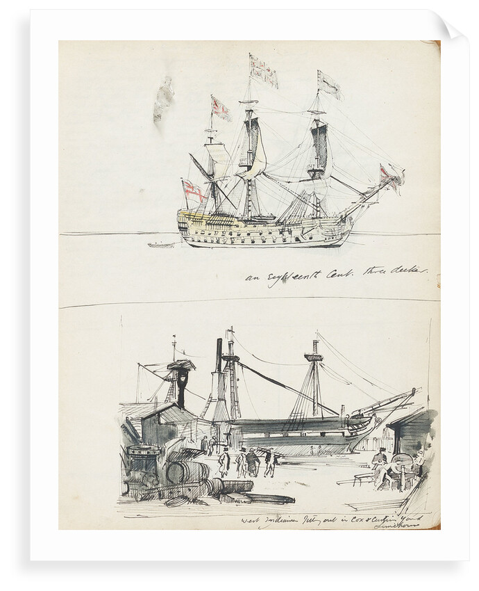 Sketch of an 18th century three-decker and view of a West Indiaman fitting out in Cox & Curtin Yard, Limehouse by John Everett