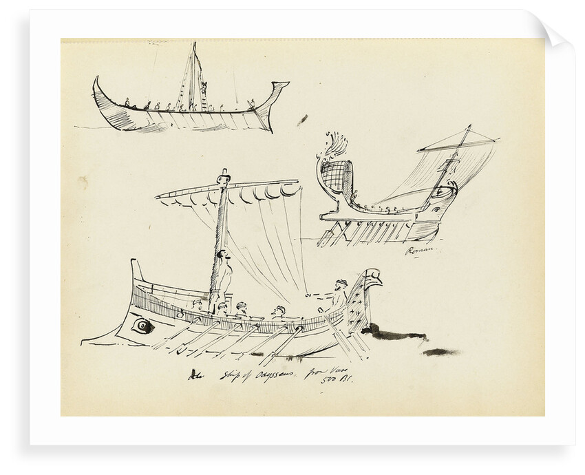 Sketches of early vessels including a Roman sail and oar vessel and ship of Odysseus, 500 BC (from a vase) by John Everett