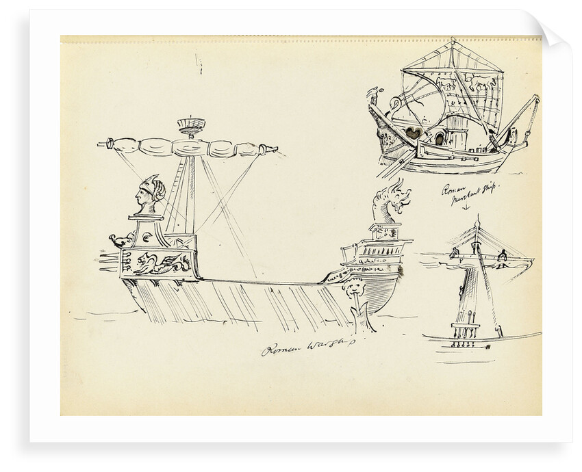 Sketch of a Roman warship, part of a Roman merchant ship and a vessel with sail set by John Everett