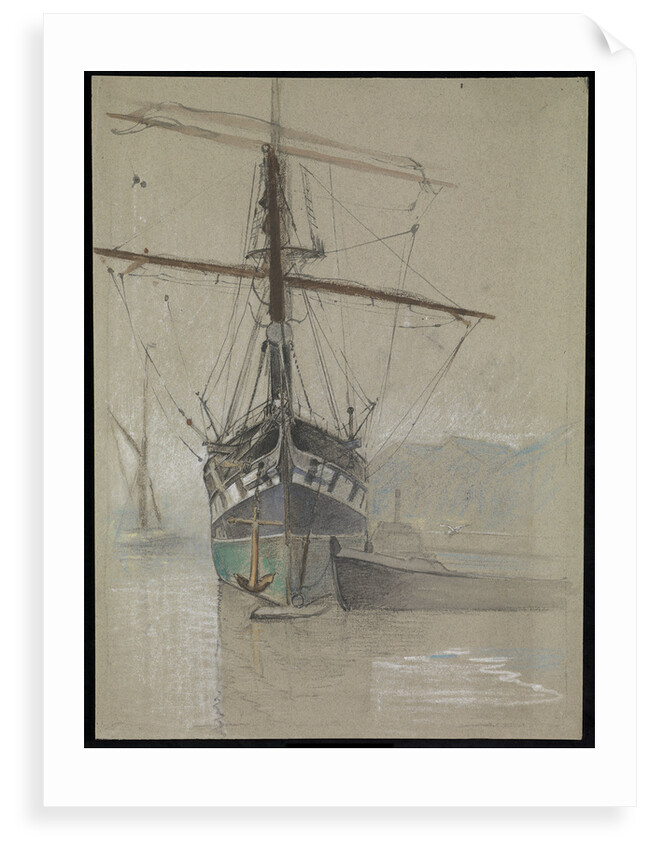 Bow view of 'Cutty Sark' (1869) as she appeared on her arrival in the Surrey Commercial Dock in 1921, with painted ports by John Everett
