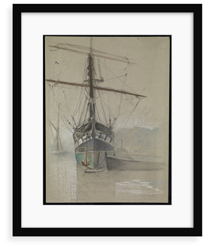 Bow view of 'Cutty Sark' (1869) as she appeared on her arrival in the Surrey Commercial Dock in 1921, with painted ports by John Everett