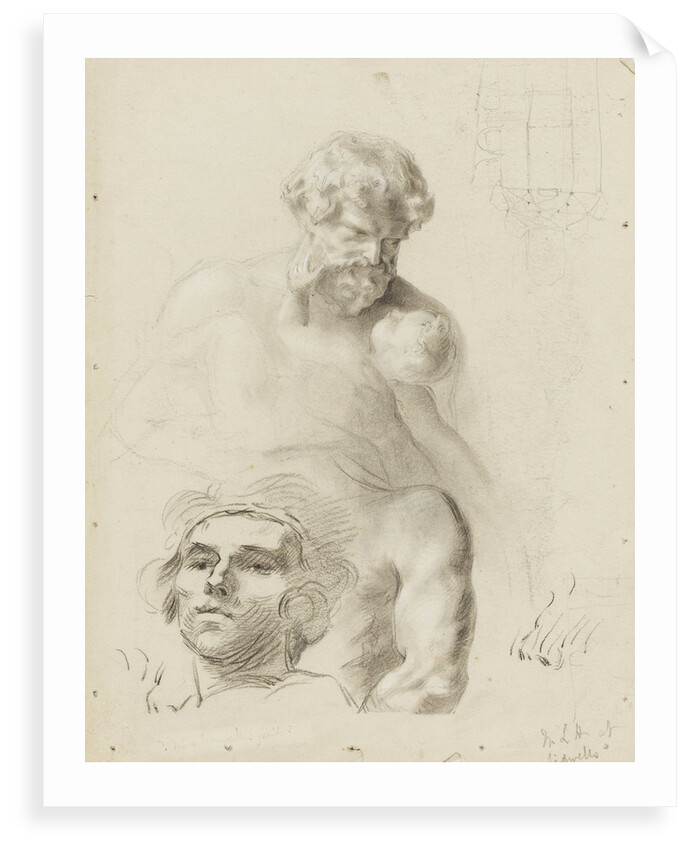Sketch of a statue of a man and child (unfinished) and sketch of the head of a girl by unknown