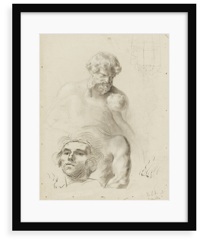 Sketch of a statue of a man and child (unfinished) and sketch of the head of a girl by unknown