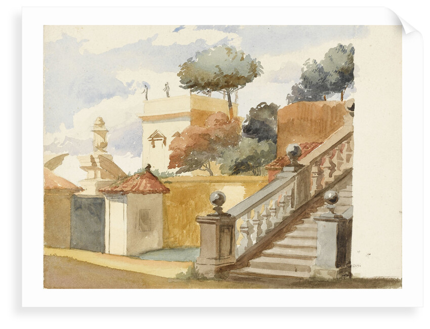 Roman jumble to the life. Staircase of uninteresting church of S. Dominico & S. Silvesto. Corner of Villa Aldobrandini with statues, in the garden of which are the trees - (pine, orange & eucalyptus) by Matilda Rose Herschel