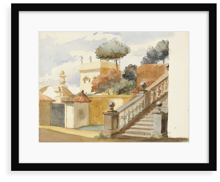 Roman jumble to the life. Staircase of uninteresting church of S. Dominico & S. Silvesto. Corner of Villa Aldobrandini with statues, in the garden of which are the trees - (pine, orange & eucalyptus) by Matilda Rose Herschel