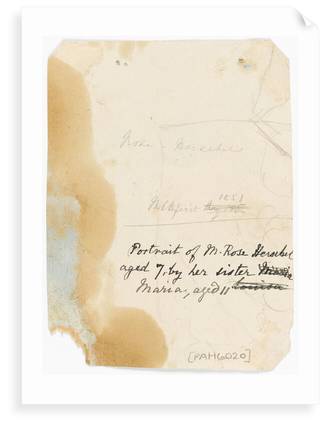Portrait of M Rose Herschel aged 7 (1851) by her sister Maria, aged 11; reverse by Maria Sophia Herschel