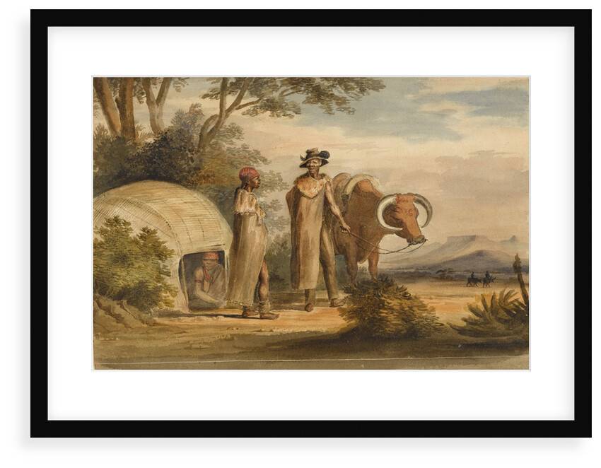 South African man and woman with an ox, a woman in a native built hut by unknown
