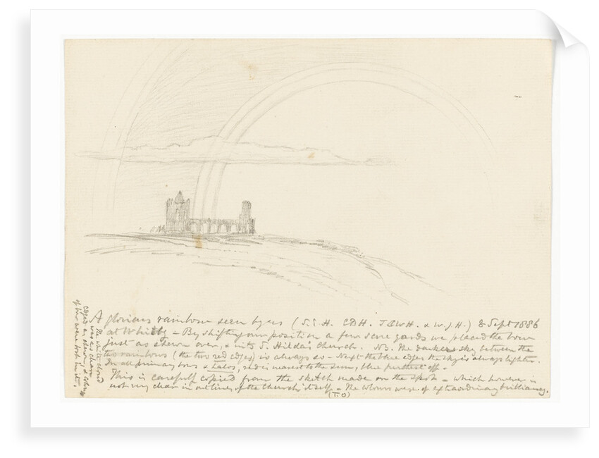 Small sketch of a rainbow. Shown with St Hilda's church Whitby. by S.E. Hardcastle