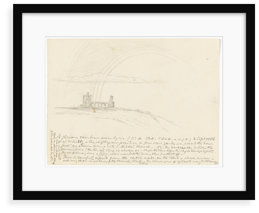Small sketch of a rainbow. Shown with St Hilda's church Whitby. by S.E. Hardcastle