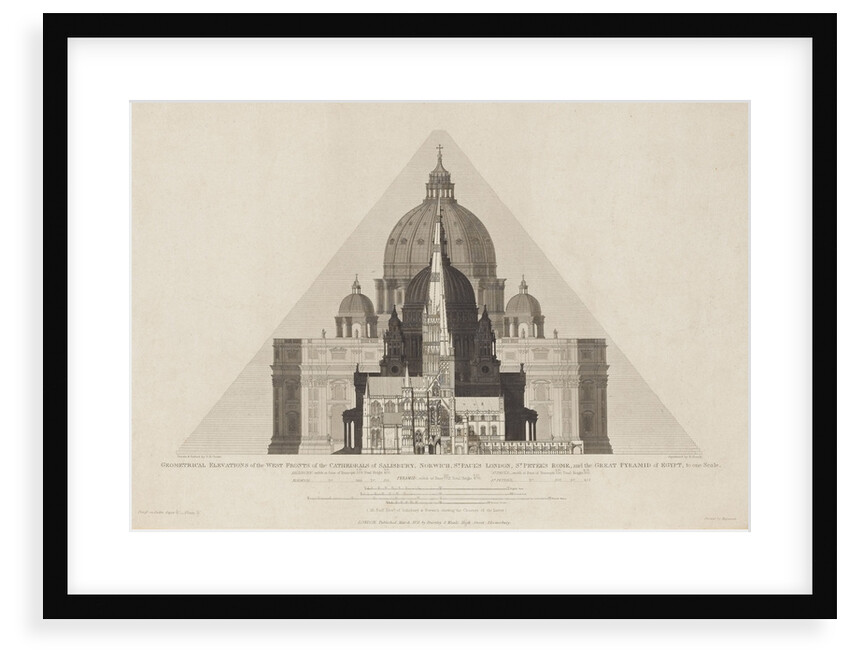 Geometrical Elevations [...] of the Cathedrals of Salisbury, Norwich, St Paul's London, St Peter's Rome, and the Great Pyramid of Egypt, to one scale.' by T. H. Clarke