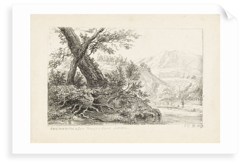 Country scene with trees on a bank by a river by J.C. B.