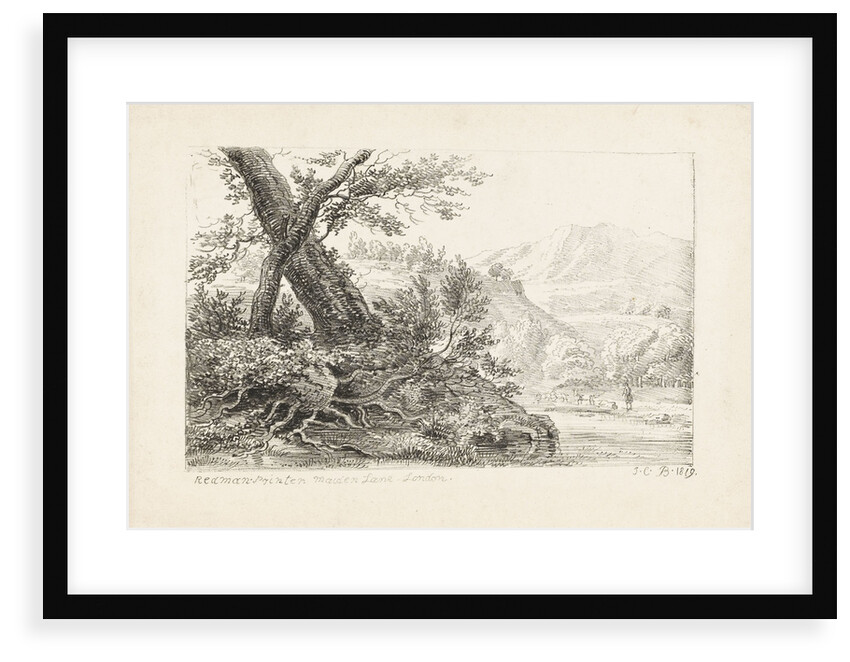 Country scene with trees on a bank by a river by J.C. B.