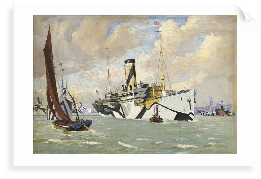 An armed auxiliary cruiser bringing a convoy of American troops into the River Thames by John Everett