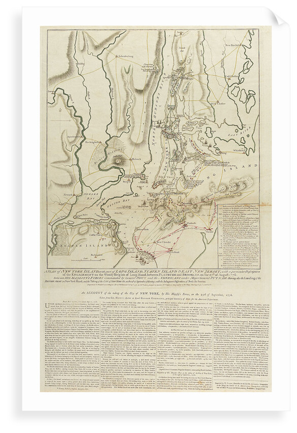 A Plan of New York Island, with part of Long Island, Staten Island & East New Jersey... Engagement on the Woody Heights of Long Island, between Flatbush and Brooklyn, on the 27th of August, 1776. by William Faden