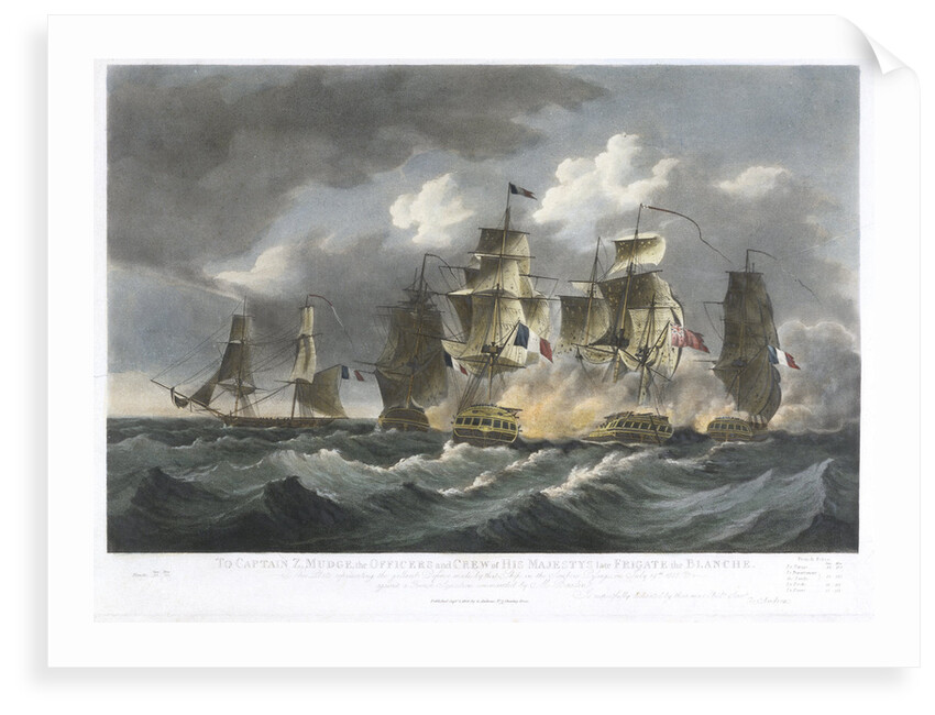 To Captain Z Mudge... of the... Blanche.. the gallant defence made by that Ship in the Sombero Passage on July 19th 1805 against a French Squadron... by F Sartorius (artist)