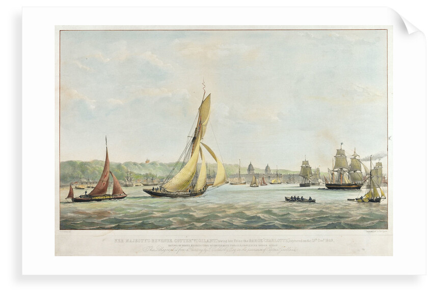 HM revenue cutter 'Vigilant'  towing her prize the barge 'Charlotte', 13 December 1849 by John Christian Schetky