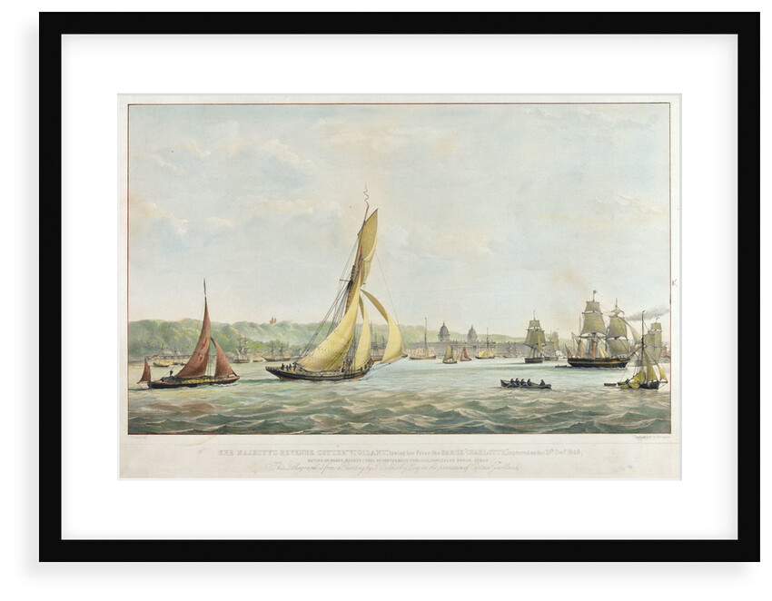 HM revenue cutter 'Vigilant'  towing her prize the barge 'Charlotte', 13 December 1849 by John Christian Schetky