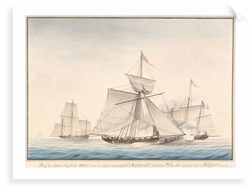 The English cutter 'Swan' taken by French privateers 'La Reciprocite' and 'Le Voltigeur', March 1807 by Houllets