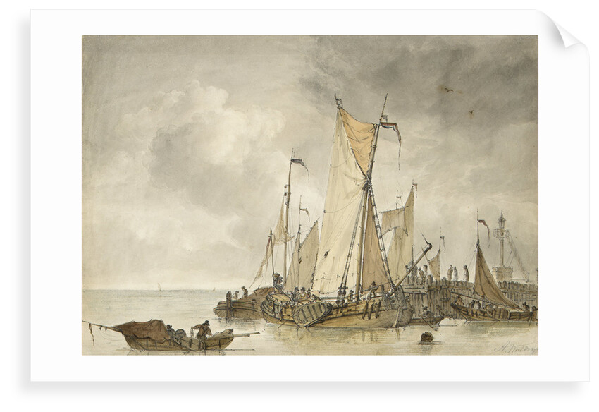 Dutch vessels off a jetty by Anthonie Waldorp