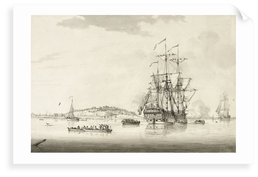 A calm with an East Indiaman anchored in an estuary by Francis Swaine