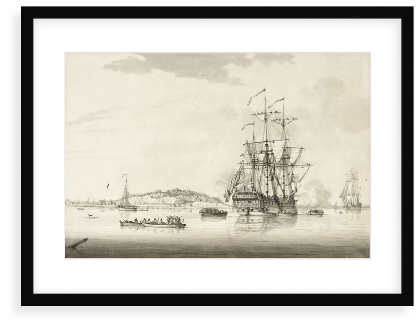 A calm with an East Indiaman anchored in an estuary by Francis Swaine