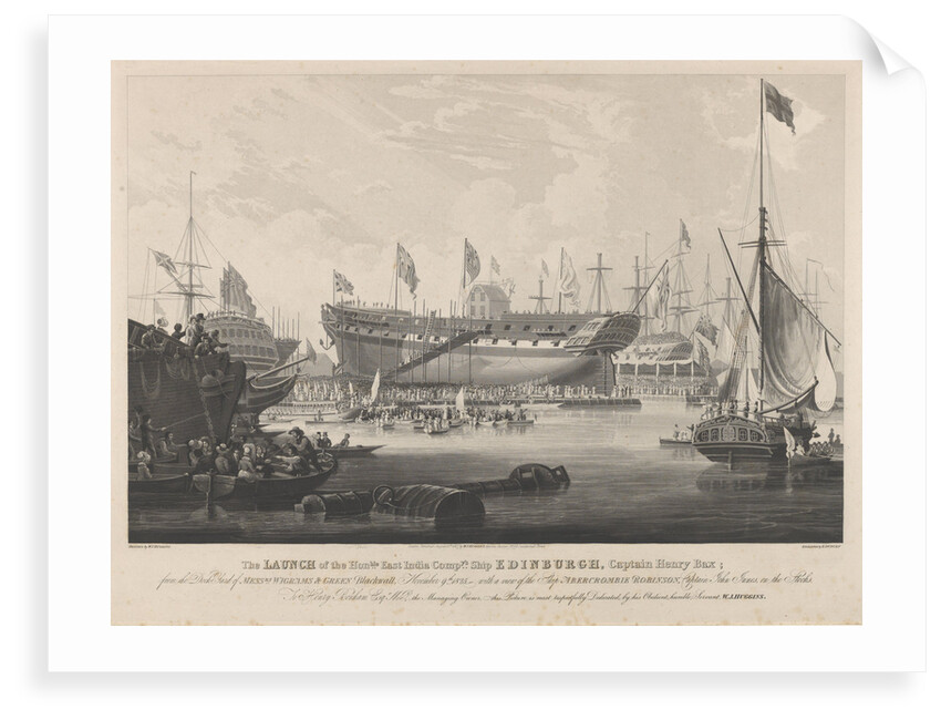 The Launch of the Honourable East India Company's Ship 'Edinburgh' from the dock yard of Messrs Wigrams & Green Blackwall with a view of the ship 'Abercrombie Robinson' on the stocks by William John Huggin