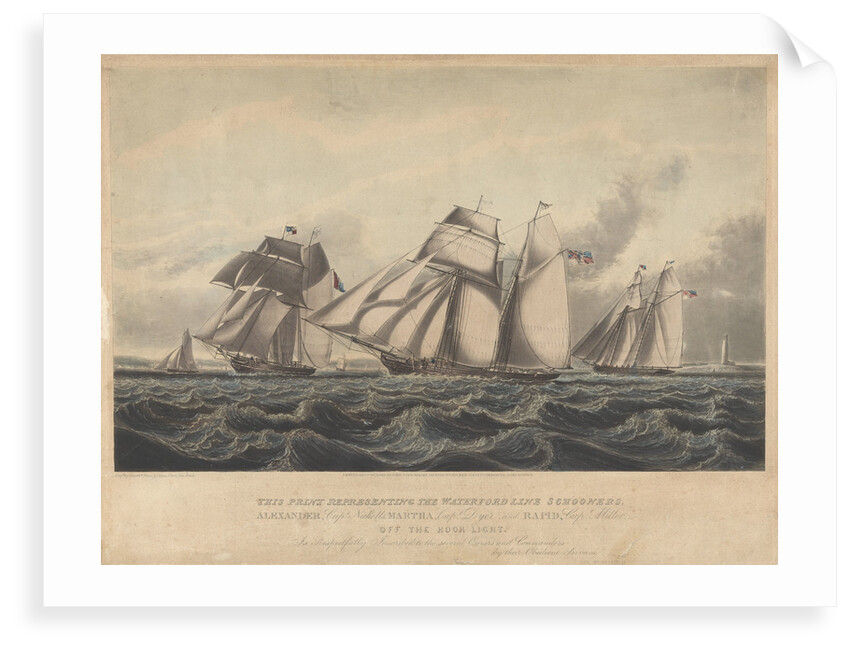 This Print representing the Waterford Line Schooners, Alexander..., Martha... and Rapid... off the Hook Light by John Lynn